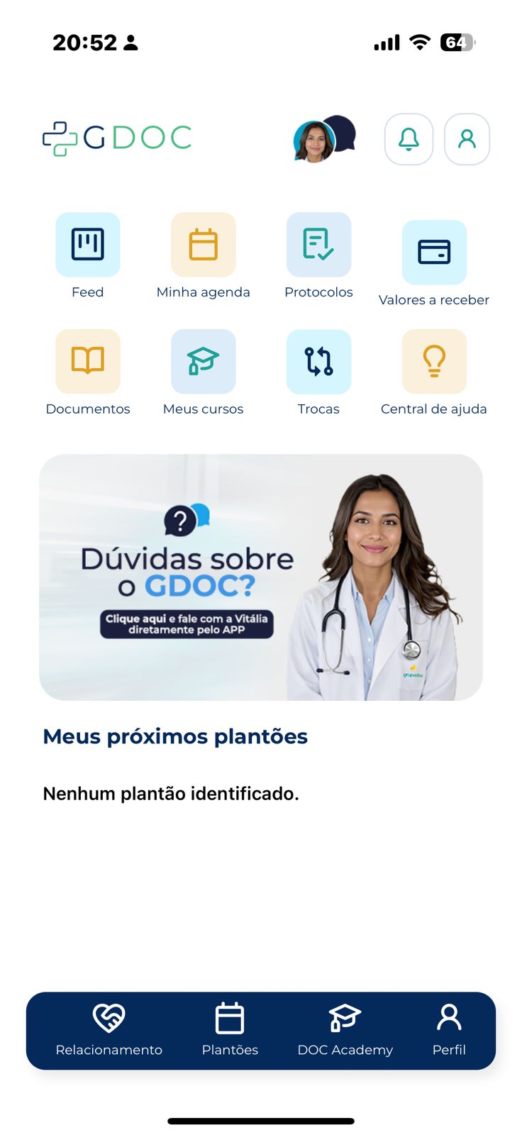 GDOC - Interface white label do Modera Health mostrando Feed, Agenda, Protocolos, Valores a receber, Documentos, Cursos, Trocas e Central de ajuda